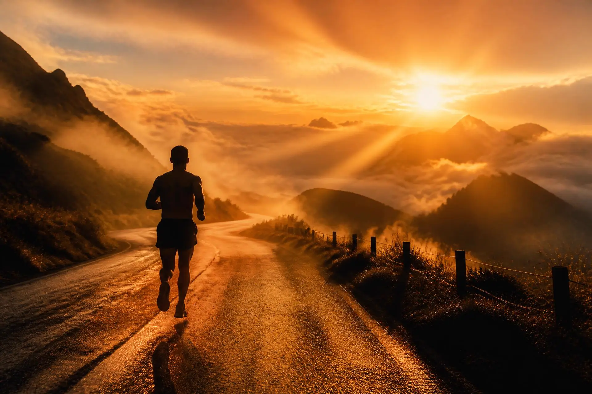 Athlete running toward sunrise on a mountain road